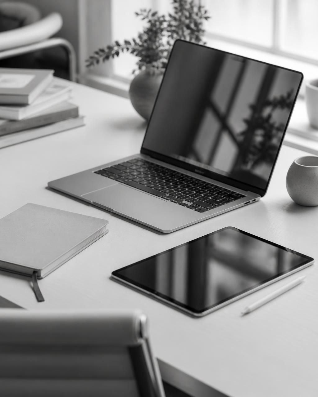 Arbeitsplatz mit Laptop und Tablet